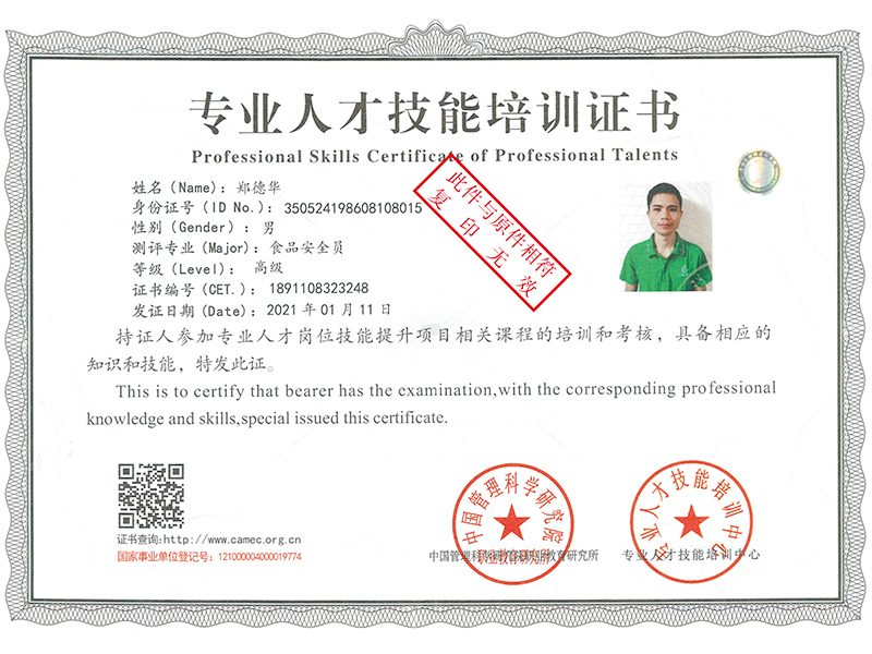 專業(yè)人才技能培訓證書